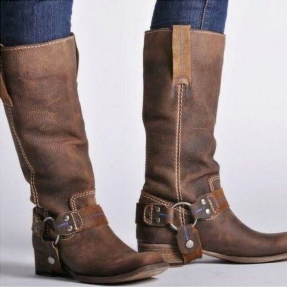 Bed Stu 6.5 Opal Brown Harness Tall Leather Boots Bottle Cap Opener - Picture 3 of 11